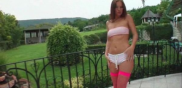  Horny skinny lady in sexy lingerie teasing in public garden